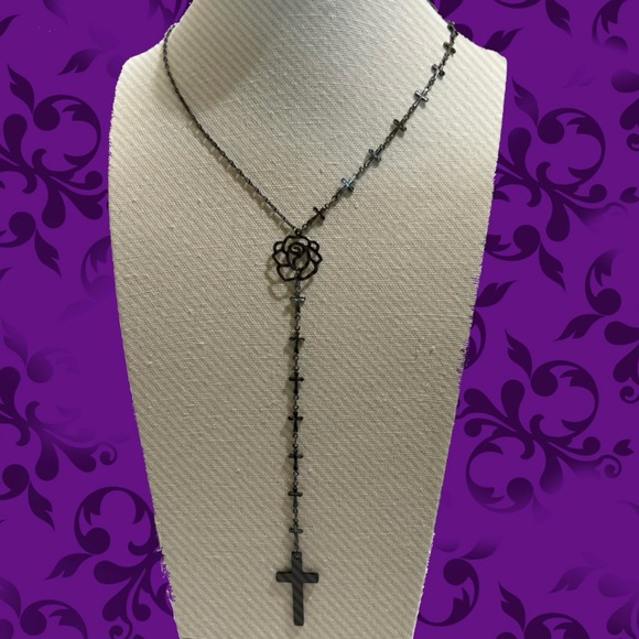 🌹HP🌹Adjustable Black Metal Rose & Gothic Cross Chain Lariat Enchanted Necklace - Picture 2 of 6